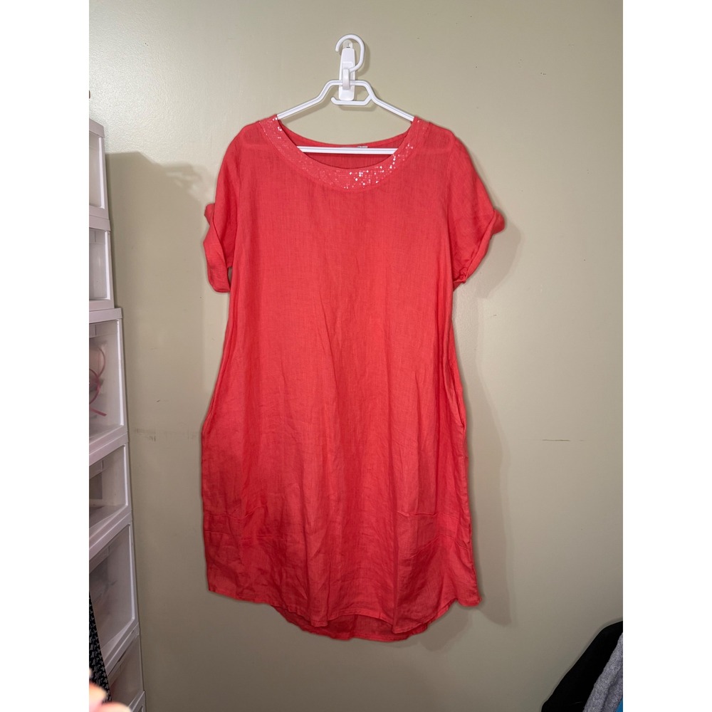 Own It Made in Italy Coral Pink 100% Linen Lagenlook Sequin Pocket Dress Medium